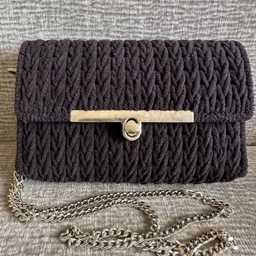 Handmade Black Plush Crossbody Bag with Chain Strap
